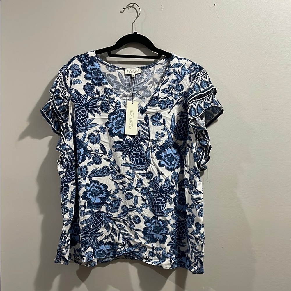 Rachel Zoe VNeck Ruffle Sleeve Blue Pineapple Floral Women's Top NWT 2X